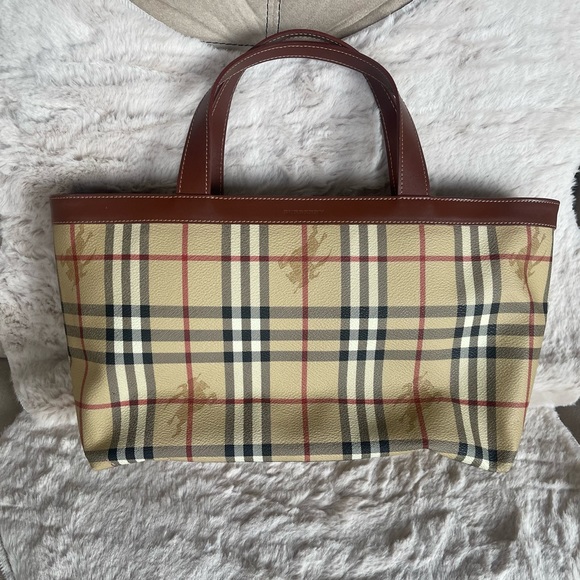 Burberry Handbags - Burberry Tan Plaid Canvas Tote with Brown Leather Handles